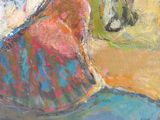 a painting of a woman sitting on a couch