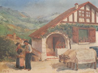 un tableau représentant un homme et une femme avec une vache devant une maison