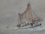 un tableau représentant un bateau sur l'eau, avec des mouettes en arrière-plan