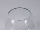 a clear glass vase with a silver rim on a white surface