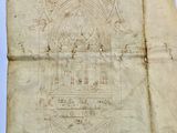 un vieux papier sur lequel est dessiné un bâtiment