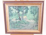 an oil painting of a road in the woods with a house in the distance