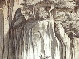 a drawing of a waterfall with a boat in it