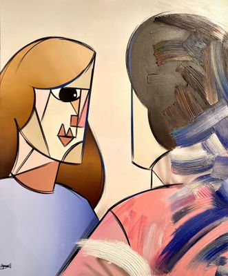 a painting of a woman and a man that are looking at each other