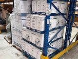 many boxes stacked on a pallet in a warehouse