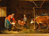 painting of a woman milking a cow in a barn with a man and two children