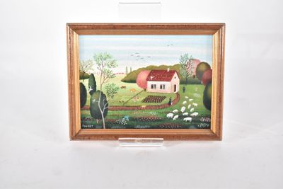painting of a farm scene with sheep and a barn in the background