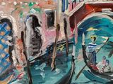 an oil painting of a gondola on a canal with a bridge in the background