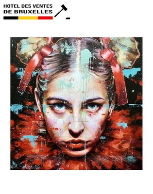painting of a woman ' s face in a red dress with a bow on her head