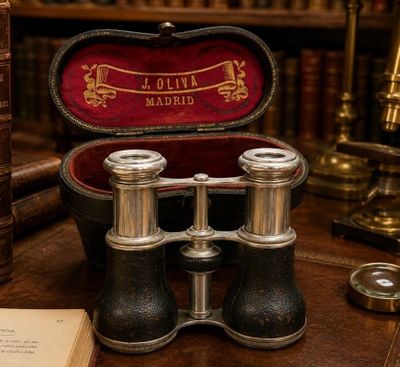 an old pair of binoculars sitting on top of a table next to a book