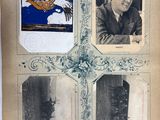 an old photo of a man sitting at a table with pictures on it
