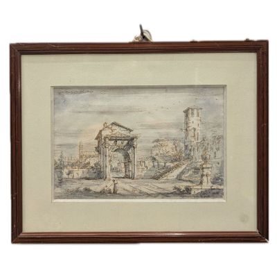 un dessin représentant un paysage avec des ruines et un bâtiment en arrière-plan