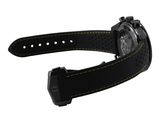 a close up of a watch with a black strap on a white background