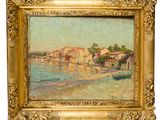 une peinture à l'huile représentant une scène de plage avec un bateau dans l'eau