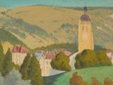 painting of a view of a town with a church tower in the distance