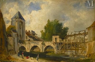 painting of a painting of a bridge over a river with a castle in the background