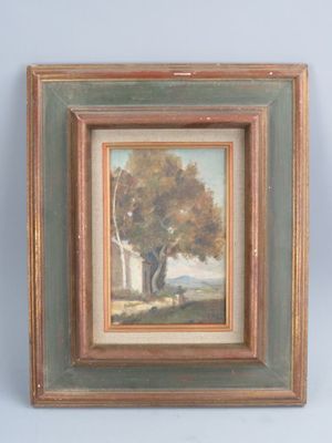 une peinture à l'huile représentant un arbre dans un champ, avec le ciel en arrière-plan