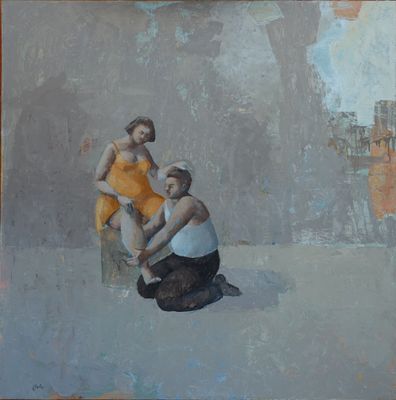tableau représentant un homme et une femme assis sur un tabouret devant un immeuble