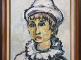 a painting of a woman wearing a white hat and a white dress