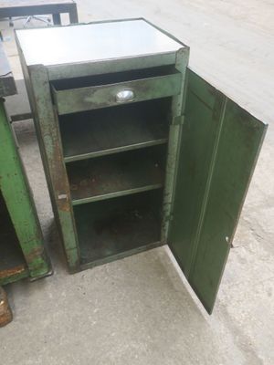 une armoire verte surmontée d'un miroir