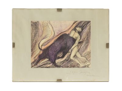 une image représentant un dessin d'une femme et d'un taureau