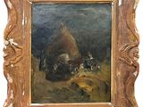 an oil painting of a dog and a group of sheep in a landscape
