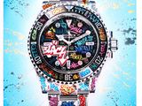 an image of a watch with lots of stickers all over it