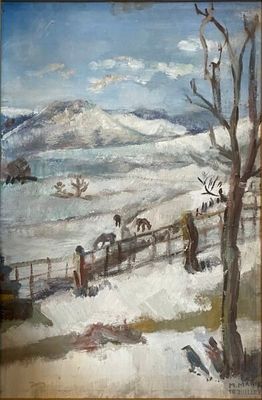 tableau représentant une scène hivernale avec des chevaux et des personnages sur une colline enneigée