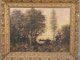 un tableau représentant un paysage avec des arbres et un bateau sur l'eau