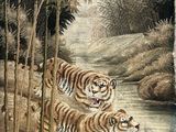 tableau représentant un groupe de tigres traversant une rivière à la lisière d'une forêt