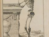 un vieux dessin en noir et blanc représentant un squelette assis à une table