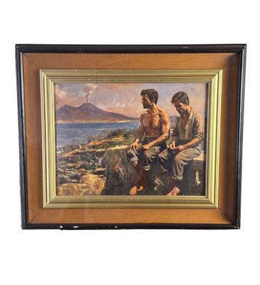 tableau représentant deux hommes assis sur un rocher au bord de la mer