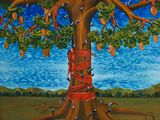 tableau représentant un arbre auquel est attaché un bouquet de pommes