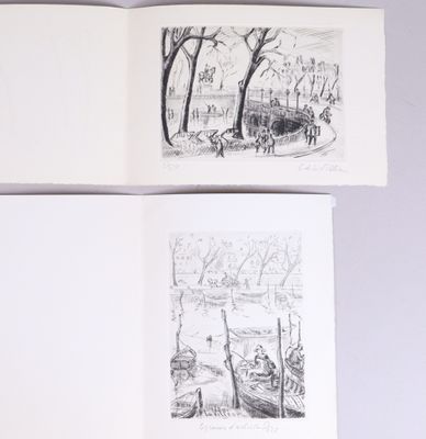 deux pages d'un livre représentant des personnes dans un parc
