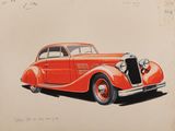 dessin d'une voiture orange sur fond blanc et fond marron