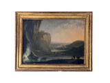 an image of a painting of a rocky coast with a boat in the water