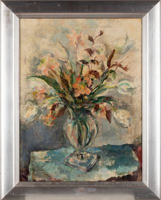 une peinture à l'huile représentant un vase de fleurs sur une table
