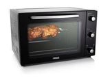 a black toaster oven with a roasting pan inside of it