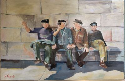 painting of a group of men sitting on a bench in front of a brick wall