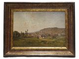 un tableau représentant une vue d'une ville avec une colline en arrière-plan