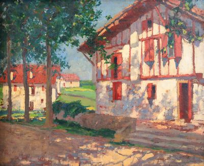 a painting of a house on the side of the road
