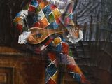 painting of a man dressed in a clown costume sitting on a bench