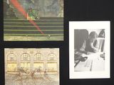 three photographs of a woman sitting at a table in front of a building