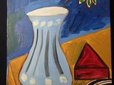 un tableau représentant un vase contenant une fleur, posé sur une table