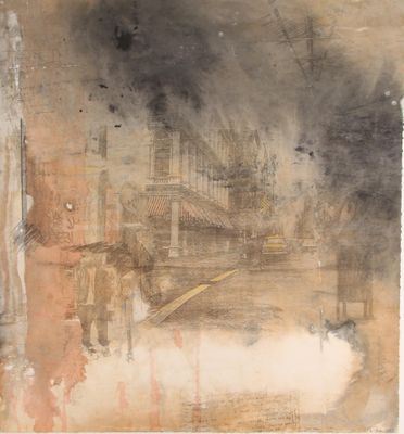an image of a painting of a city with a clock tower in the background