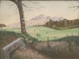 a painting of a bench in the middle of a field