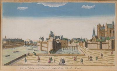 dessin représentant une vue d'une ville avec un château en arrière-plan