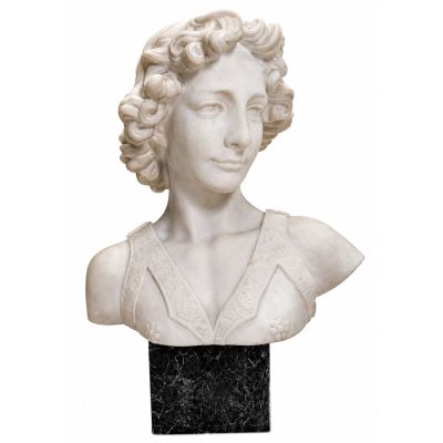 marble bust of a woman with curly hair and a black dress
