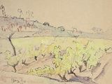 drawing of a landscape with trees in the foreground and hills in the background