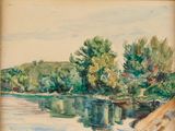 une aquarelle représentant une rivière avec des arbres en arrière-plan